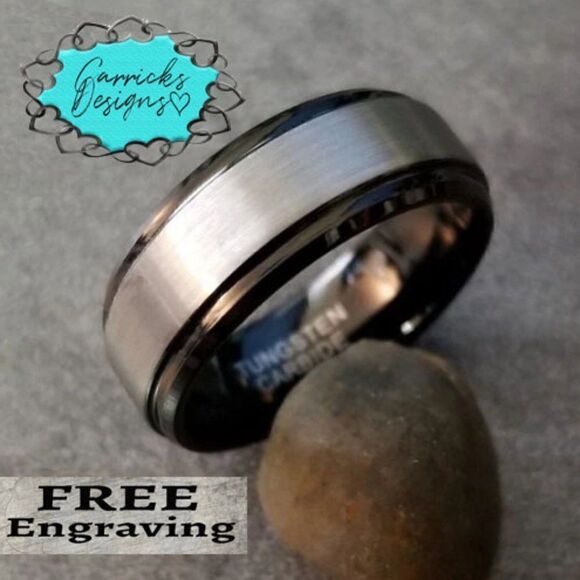Engraved Men's Real Black and silver Tungsten Wedding Ring Black and Silver Band - Picture 10 of 12